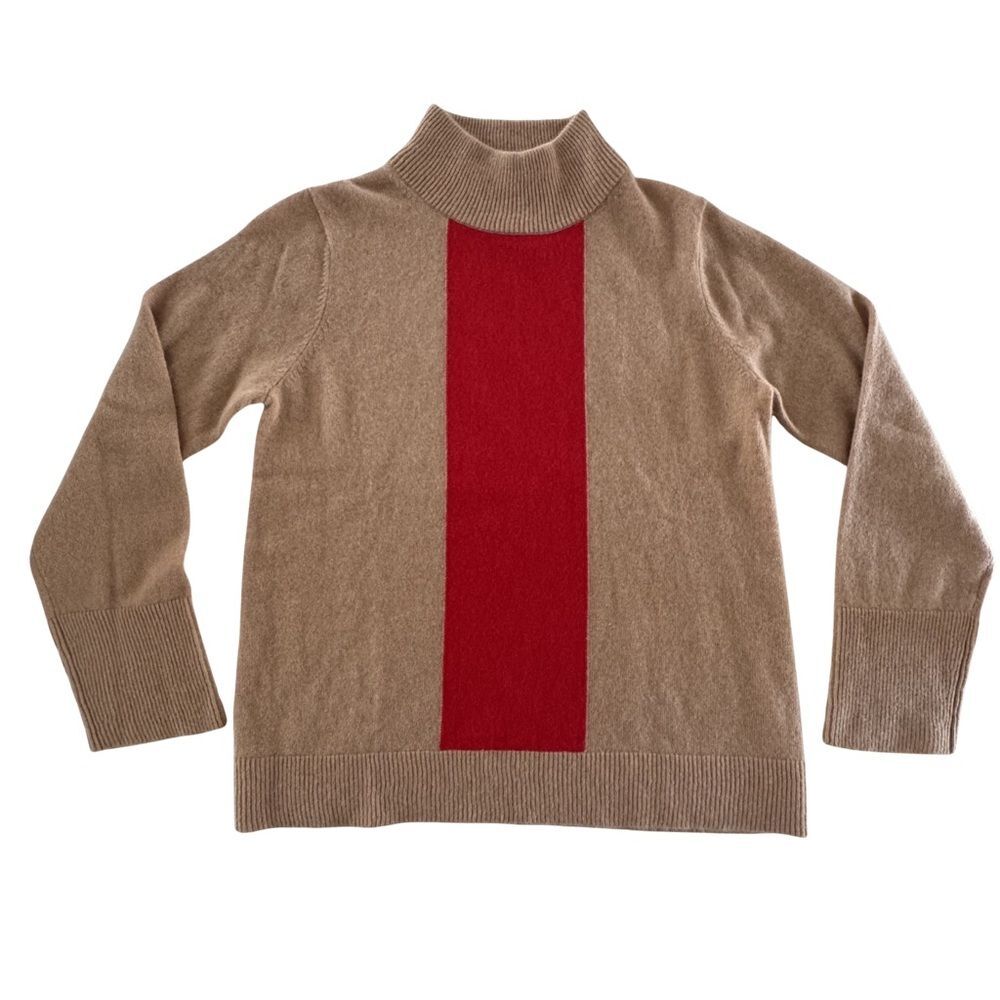 100% Cashmere Turtleneck Sweater Womens M Tan Red Stripe Colorblock Soft Knit